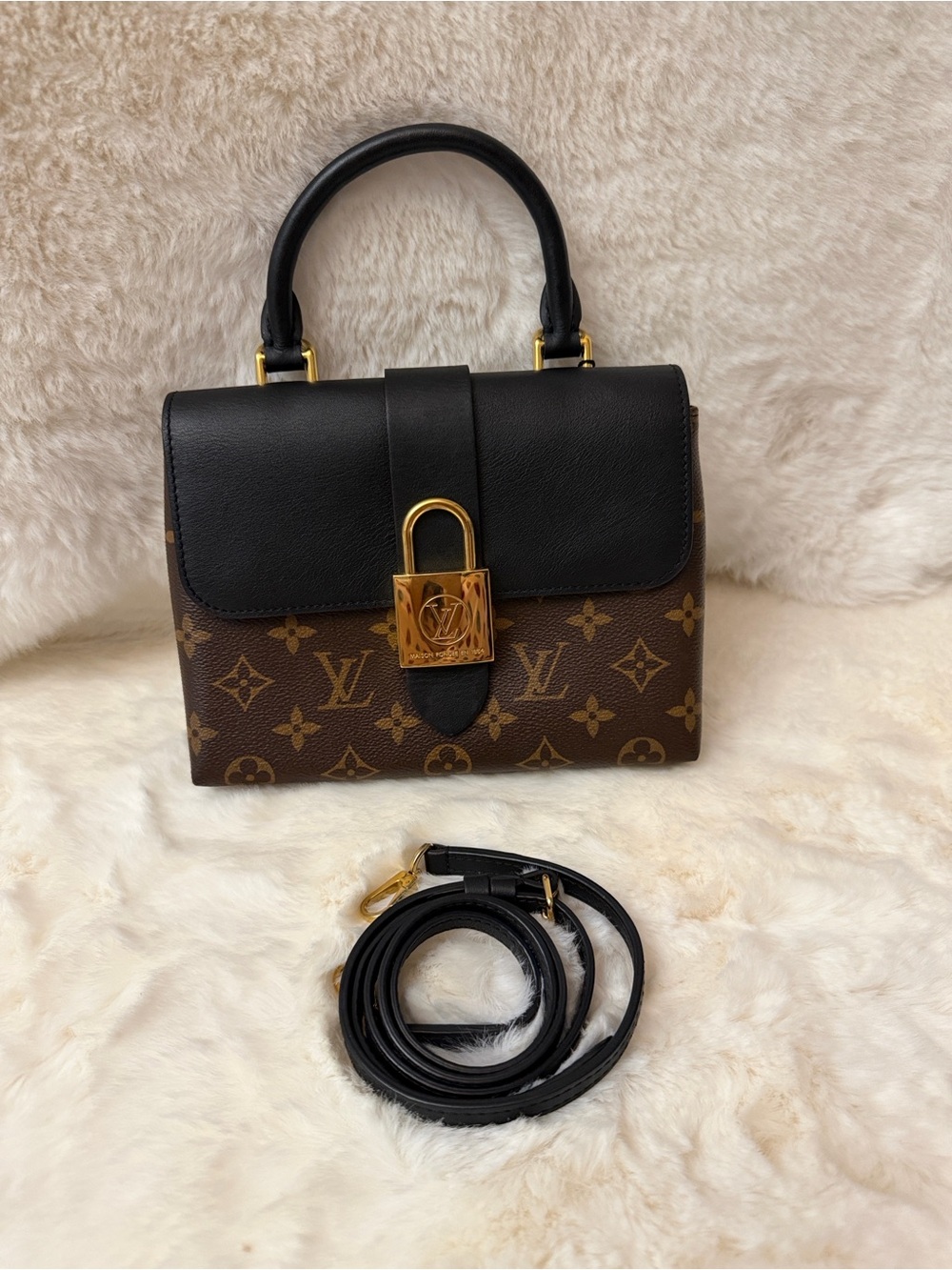 Louis Vuitton Black Leather & Brown Monogram Top Handle Bag with Gold Lock